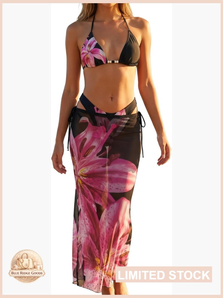 Triangle Self-Tie Bikini Set With Mesh Cover-Up Floral Print Removable Pads